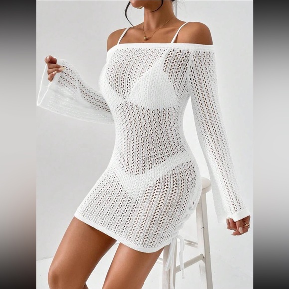scorpioQ Other - 🍃 Chic White Crochet On/Off-Shoulder Ruched Camisole Cover Up
